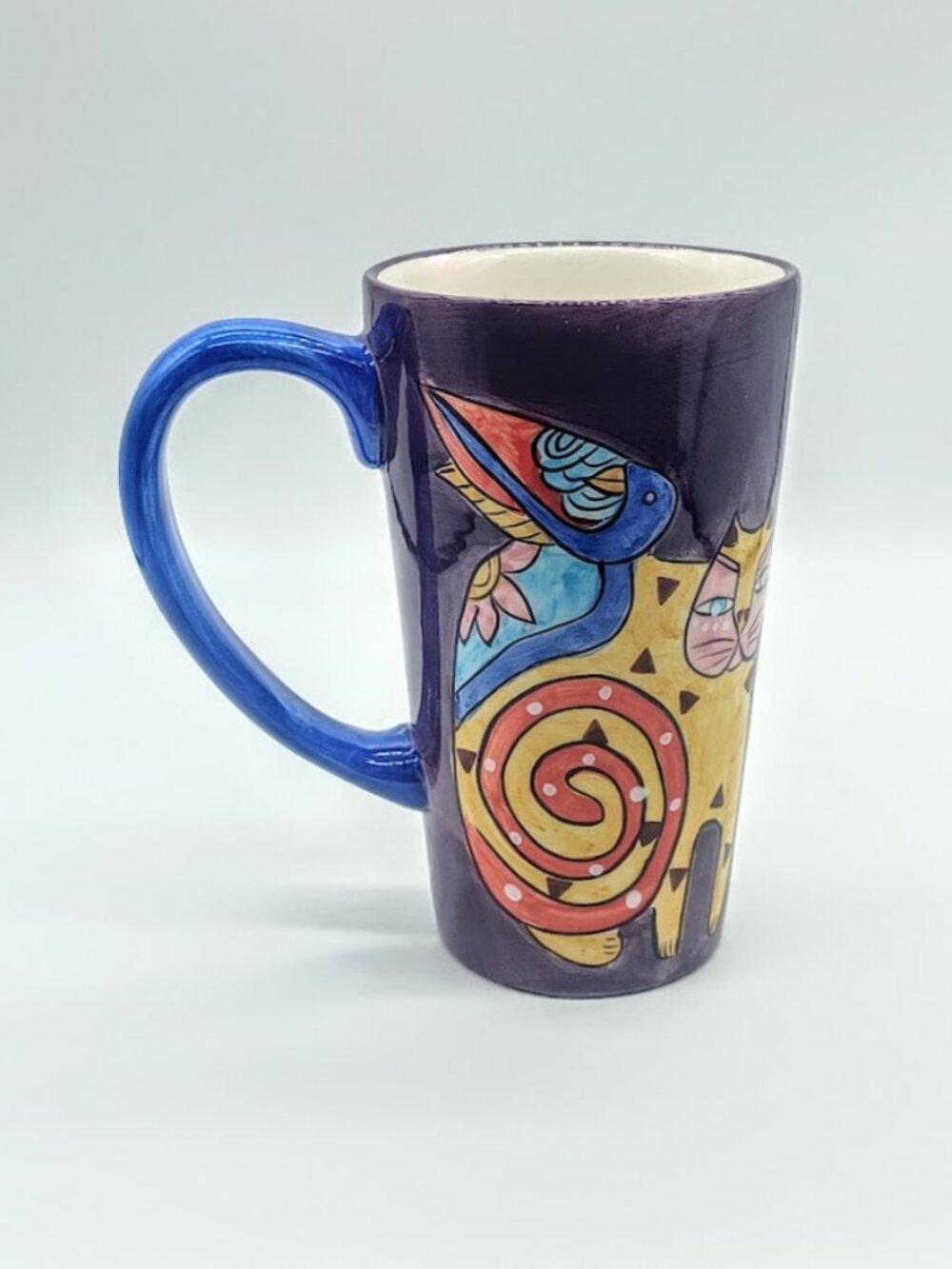 Vintage Laurel Burch 1997 Tall Ceramic Cat Bird Mug